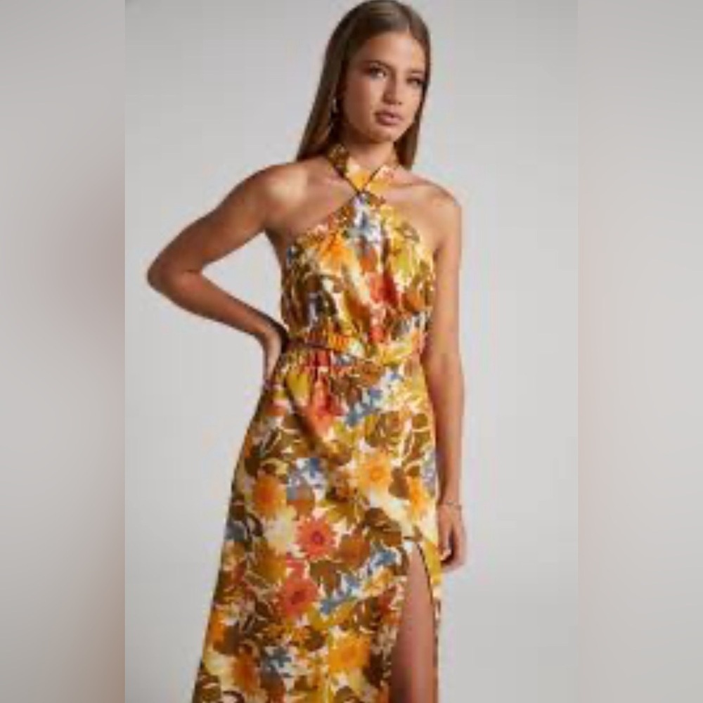 Amalie Cotton/Linen halter floral maxi dress size 14 with
